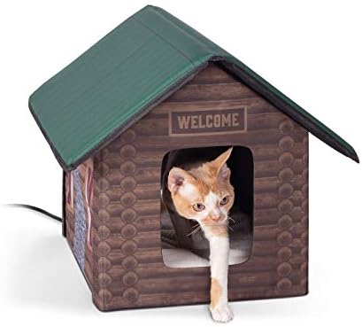 K&H Pet Products Heated Outdoor Cat House for Outside Pets in Winter, Weatherproof Outdoor House for Ferals, Insulated Kitty Shelter, 2 Doors, Waterproof Heated Cat Bed, Safety Listed - Log Cabin 20W