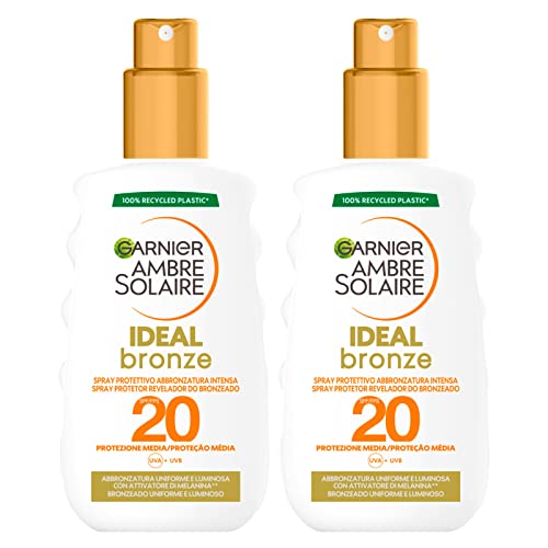 Garnier Ambre Solaire Ideal Bronze Sonnenspray Gesichtsschutz Körper SPF 20 Medium Schutz gegen UVA UVB Formel Waterproof mit Melanin-Aktivator für intensive Bräunung - 2 Flaschen à 200 ml