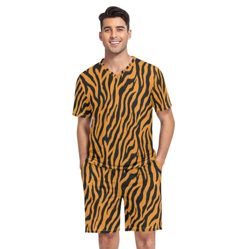 Tiger Print Men’s Pajama Sets 2 Piece Short Sleeve Sleepwear with Printed Design