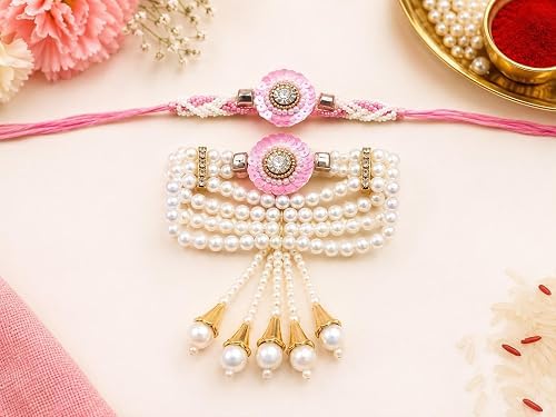Image of Bhaiya Bhabhi Rakhi Set with Pearl Bracelet | Designer Rakhi for Brother & Bhabhi | Traditional Raksha Bandhan