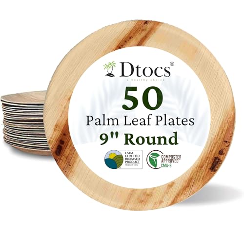 Dtocs 9 Round Eco-Friendly Palm Leaf Plates (50) - Sturdy Disposable Bamboo Serving Platters for Weddings, Camping, and Parties