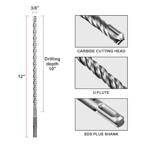 Image of SALI SDS Plus Rotary Hammer Drill Bit 10Pcs - 3 /8 inch x 12 inch Concrete Drill Bit Kit - Cross-Type Double Thread Carbide Material - Suitable for Concrete, Brick, Cement Walls, Stone