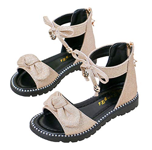 Girls’ Sweet Bows Ankle Strap Back Zipper Roman Sandals Flats Gold Size 13.5M2