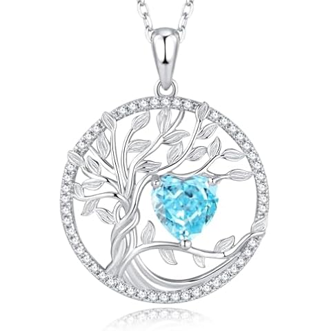 GEMLANTO Tree of Life Necklaces 925 Sterling Silver March Birthstone Aquamarine Necklace Heart Gemstone Birthstone Fine Jewerly Gifts for Women Mothers, Adjustable Chain 18+2 Inches Cover