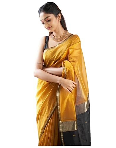 Image of SGF11 Women's Kanjivaram Soft Cotton Linen Silk Saree With Blouse Piece (Yellow Black)