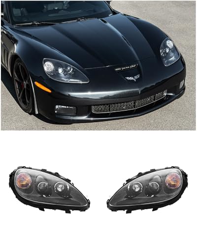 Replacement For 2005-2013 Chevrolet Corvette C6 Models | GM Factory OEM Style Replacement Painted Black Housing Clear Lens HID Projector Headlights Pair