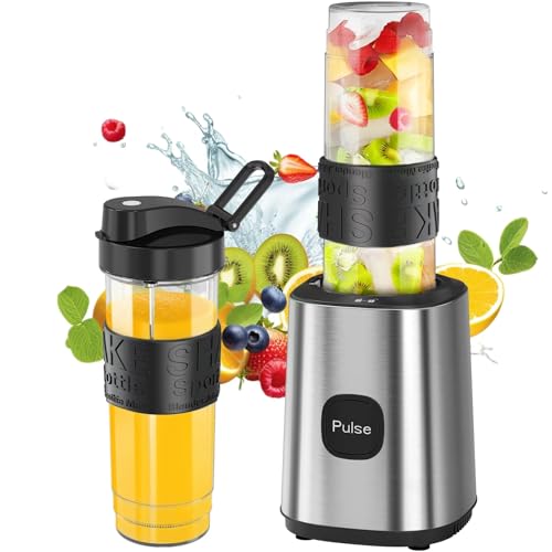 Blender Smoothie 500 W, Blender Mixeur avec 2 Bouteilles Tritan Portables de 570 ml, Blinder Mixeur sans BPA avec 4 Lames en Acier Inoxydable, pour Shake, Smoothie et Aliments pour Bébés