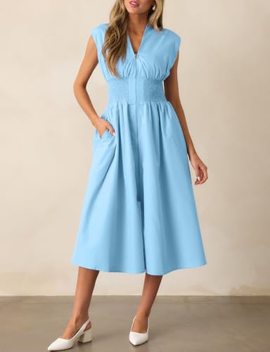 Image of FANCYINN Summer Casual Womens Maxi Dress Sleeveless V Neck Waist Aline Front Zipper High Slit Flowy Long Dress Pockets