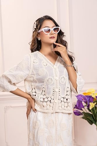 Image of CHEVAUX Womens Embroidered Crochet Co-ord Set Self Design Straight Skirt with Shrug Jacket Ethnic Western Outfit for Women and Girls Casual Partee-Wear Summer Dress Set