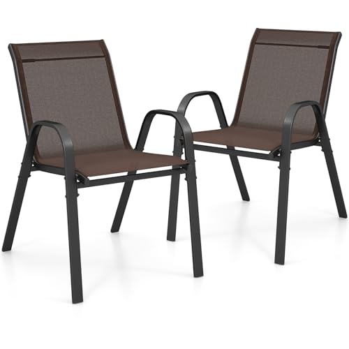 GIANTEX Lot de 2 Chaises de Jardin Extérieures, Chaise de Salle à Manger Empilables Cadre en Acier avec Mains Courantes, Fauteuil d'Extérieur avec Dossier...