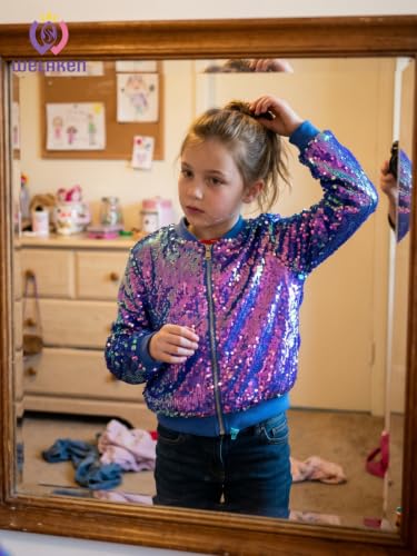 Image of WELAKEN Unicorn Sequin Jacket for Girls Kids Toddler Sparkle Zipper Bomber Jacket with Pockets