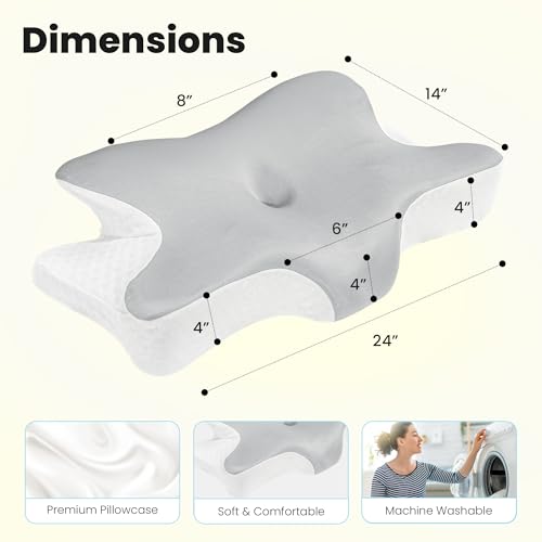 Image of CareFoam Butterfly Memory Foam Orthopedic Pillow with Arm Rest & Dual Height | Neck Head & Shoulder Support Effective for Sleep Disorders, Insomnia, Snoring & sleep Apnea | White & Grey Jacquard Cover