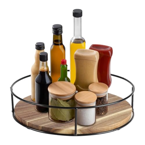 Lazy Susan Turntable Wooden, Plato Giratorio Organizador Madera 25cm con Borde Metálico, Especiero Giratorio Madera para Cocina, Encimera, Mesa, Almacenaje de Condimentos y Accesorio Salvaspacio