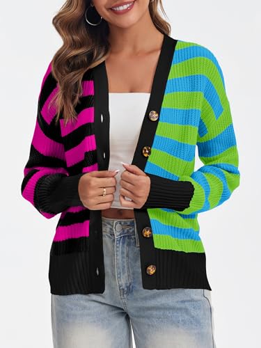 Image of Saodimallsu Womens Striped Cardigans Color Block Button V Neck Open Front Ribbed Knit Loose Trendy Sweater Coats