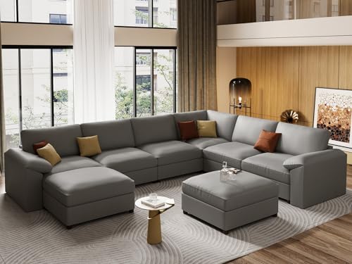 EASE MOOSE Faux Leather Sectional Couch, Oversized Modular Sofa, Modern Comfy Modular Couch, Scratch Resistant Material Sofas, U Shaped Couch for Big Spaces, Dark Grey