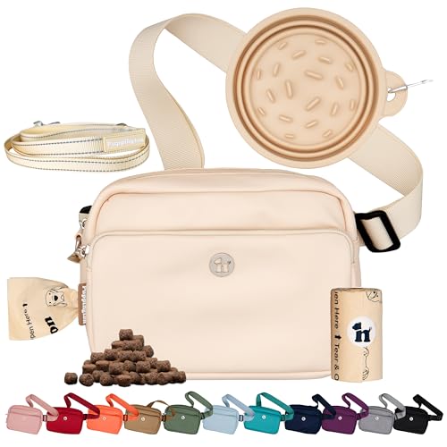 Puppington 3-in-1 Crossbody Dog Treat Pouch for Pet Training - Compostable Poop Bags, Built-In Poop Bag Dispenser, Slow-Feeding Travel Dog Bowl & Reflective Leash - Dog Walking Bag (Vanilla Cream)