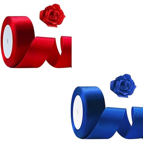 Flezoo Red＆Blue Ribbon 1 1/2inch, 25 Yards Satin Craft Ribbon, Single Face Polyester Silk Hair Ribbon, Fabric Ribbon for Bouquets, String Ribbon for Gift Wrapping, Wedding, Bow Making and Decoration Cover