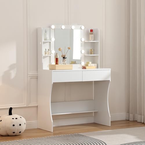 FOREST GRAVITY Small Makeup Vanity Desk Pequeño Tocador de Maquillaje con Espejo y Luces,2 Cajones,Tocador,3 Modos Ajustables de Luminosidad de Color,para Dormitorio,Blanco（0140）