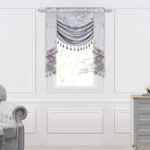 Loom and Mill Luxury Jacquard Waterfall Valance for Living Room Bedroom, Elegant European Floral Swag Window Valances with Tassels, Blue Grey Swag Curtains for Banquet Holiday Decor(W39Inch,1 Panel)