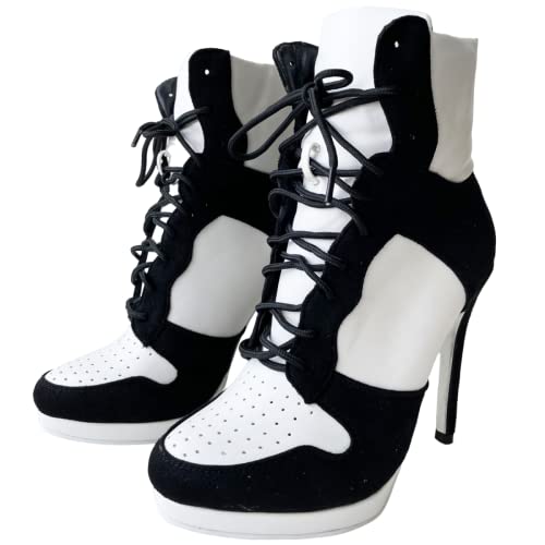 Frankie Hsu Stiletto Sport Basketball High Heeled Ankle Boots, Black Suede Classic White Sneaker Bootie, Big Size Fashion Designer Shoes For Women Men