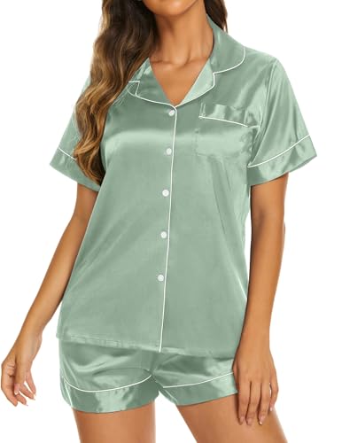 Image of Ekouaer Silk Pajamas for Women Short Sleeve Sleepwear Soft Button Down Loungewear 2 Piece Satin Pjs Shorts Set