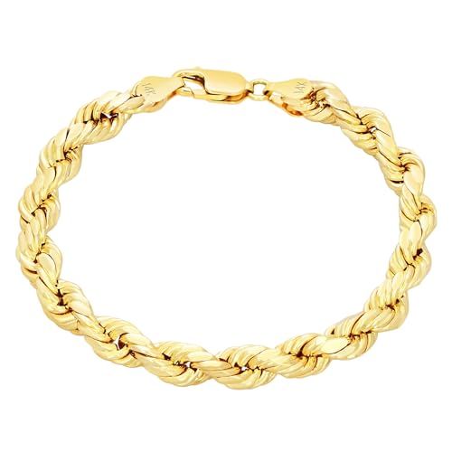 Nuragold 14k Yellow Gold 7mm Rope Chain Diamond Cut Bracelet (7.5