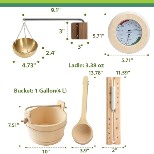Taicoola 5 Pack Sauna Accessories Kit, Wooden Bucket and Ladle Set, Thermo-Hygrometer, Sauna Hourglass, Sauna Essential Oils Cup Holder, 1.06 Gallon (4 L) Water Capacity, Handmade (Pine)