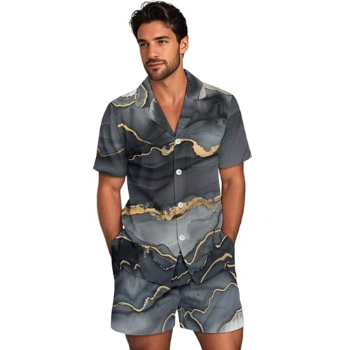 xixirimido Conjunto de pijama de manga corta para hombre con cuello de muesca y botones, ropa de descanso acogedora para sala de estar, Mármol gris dorado, 4XL