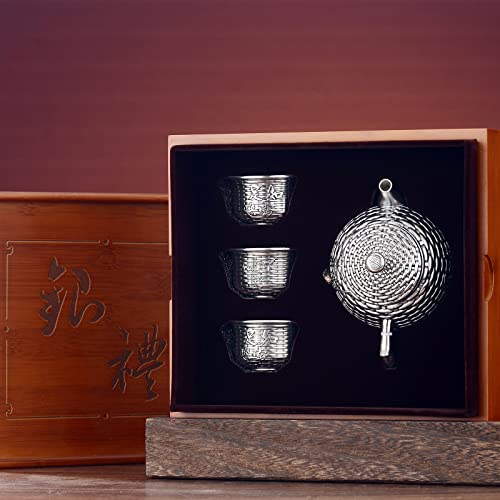 Gohq Sterling Silver Tea Set, China Traditional Retro Tea Set With 3 Teacups For Adults, Mini Silver Teapot And Tea Cup #TOP6