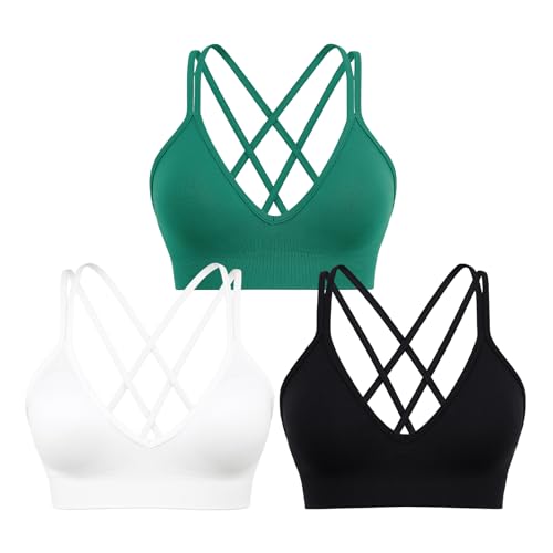 Image of Sports Bra for Women V-Neck Strappy Criss Cross Yoga Bra Padded Medium Support Workout Gym Athletic Fitness Bras 3 Pack