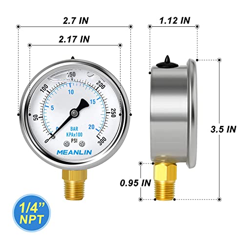 Meanlin Measure 0~300Psi Stainless Steel 1/4" Npt 2.5" Face Dial Liquid Filled Pressure Gauge Wog Water Oil Gas Lower Mount, With 1/4" X 1/2" Npt And 1/4" X 3/8" Npt Hex Bushing #TOP1