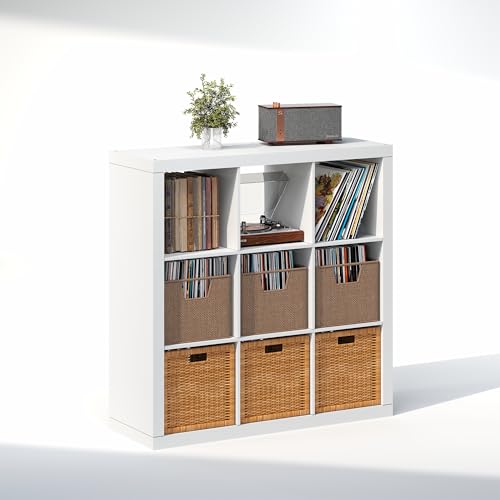 Image of Furinno Cubicle Record Player Stand, 9-Cube Vinyl Record Storage, White