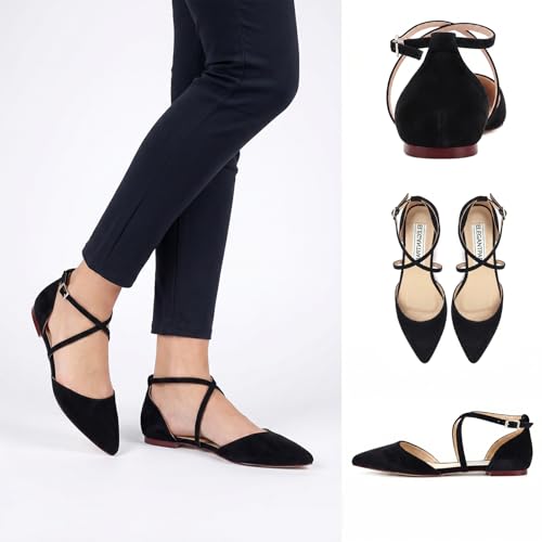 Image of ELEGANTPARK Comfortable Flats for Women Pointed Toe Wedding Dress Shoes | Adjustable Cross Strap, Comfortable Flats for Bride, Wedding Guest, Bridal Reception, Office, Business Casual, Daily Wear