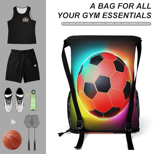 Men's Large Capacity Football Ball Fire Soccer Drawstring Backpack, Waterproof Pull String Sport Bag for Hiking Travel Gym Beach Swim3