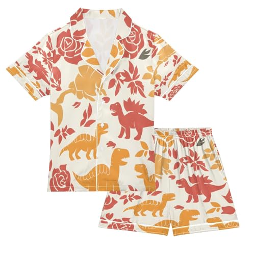 senya Pajama Sets Silky Button Down Nightwear Sleepwear Size 5-14 Years Colorful Dino Rose