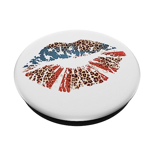 Kissing Lips Smooch Pucker Patriotic July 4th Leopard Flag PopSockets Swappable PopGrip, Black - Image 2