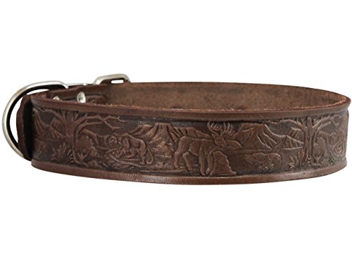 Genuine Tooled Leather Dog Collar Hunting Pattern Brown 3 Sizes (Neck Circumf: 13"-17"; 1.2" Wide) #TOP3