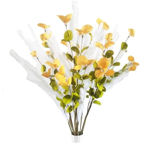 UiiziC Faux Pampas Grass and Leaves 10 PCS Dried Fluffy Artificial Leaves Ascendant Grass for Vase Fillers Wedding Party Bouquets Home Hotel Centerpieces Decor (White Green-Yellow) Cover