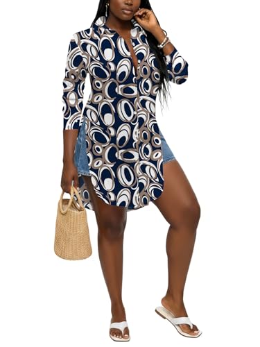 Image of LYANER Women's Collar Neck Long Sleeve Button Down Shirts Sexy Split Hem Tops Long Blouse Shirt Dress