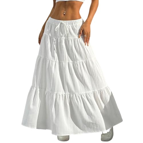 Womens Long Skirts Flared Ruffle Elastic Waist Elegant Tiered Layer Solid Color Beach Long Skirt