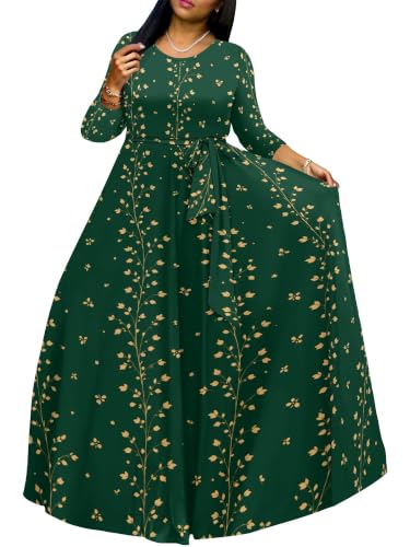 Image of Women Plus Size Long Sleeve V Neck Maxi Dress with Belt | Soft fabric relaxed fit three quarter sleeve v neck with pockets for party and daily wear