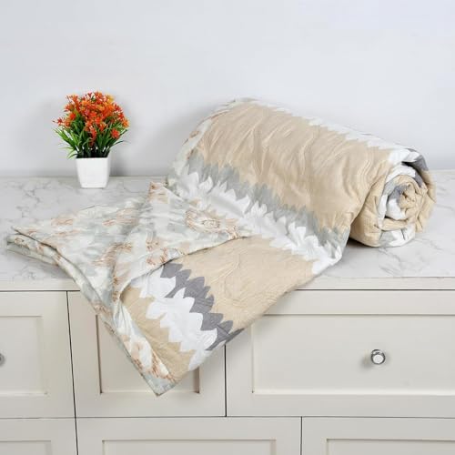 Image of Akshya Cotton Double Bed Comforter - King /Double Size, White, Reversible, Modern, Floral Pattern-200 TC