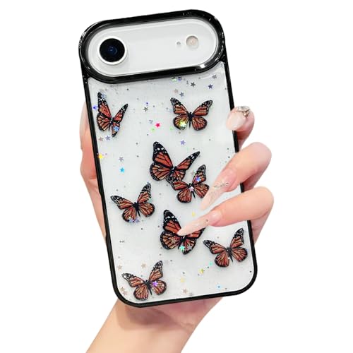 Image of VONZEE Glitter Butterfly Back Cover Case Compatible with iPhone 17 Air, Clear Cute Bling Sparkle Shiny Soft TPU Bumper Shockproof Women Girls Slim Protective Phone Cover for iPhone 17 Air 6.6 inch,Black