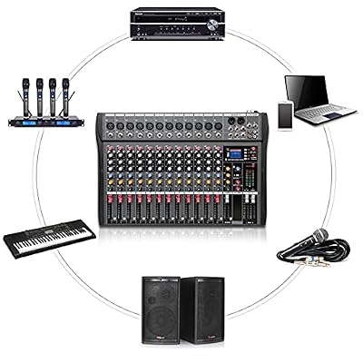 Digital Audio Mixer 12 Channel Bluetooth Mono/Stereo Sound Mixing Board Audio USB Mixing Console Ultra Low Noise Audio Console Mixer with Three-band EQ Regulation and Analog Effect