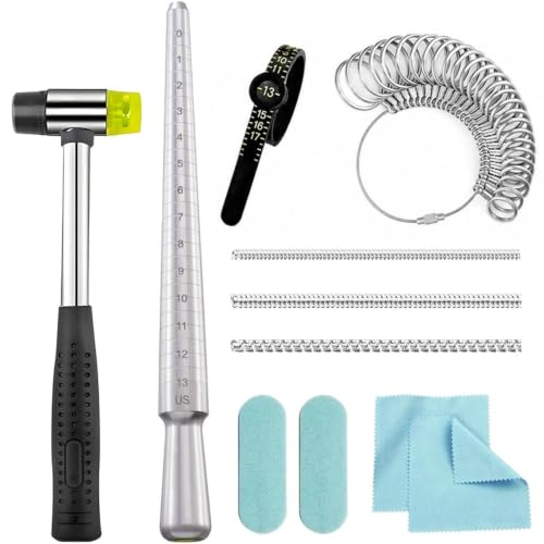 Image of Ring Mandrel Sizer Kit, Ring Making and Repair Tools with Ring Sizer, Jewelry Hammer, Jump Rings, Chains and Polishing Cloth for Jewelry Making and Ring Sizing (11-Ring Size Shaper Tool)
