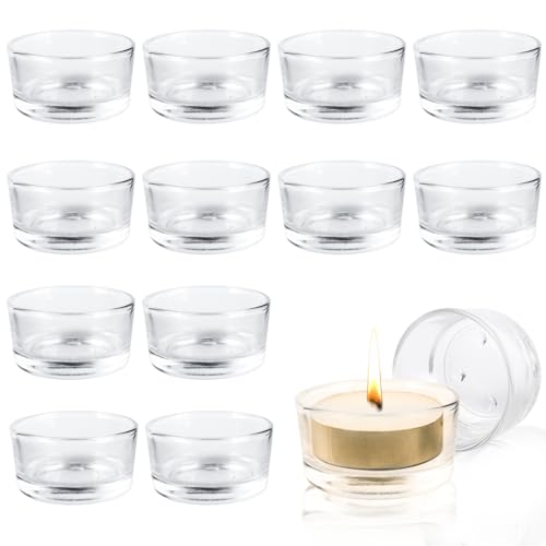 Fizdoqg Lot de 12 Photophores Ronds en Verre Transparent - Bougeoirs Verre Porte-Bougies pour la Décoration, Mariages, Fêtes et Décors de Table, Bougeoirs Votifs