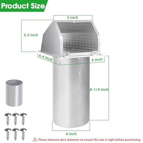 Image of 4 Inch Dryer Vent Cover Outside Hooded Wall Vent with Screen and Damper,4 inch Exterior Wall Vent Dryer Air Vent,Exhaust Wall Mount Cover Cap for Dryer Ventilation&Outdoor Air Exhaust, Stainless Steel