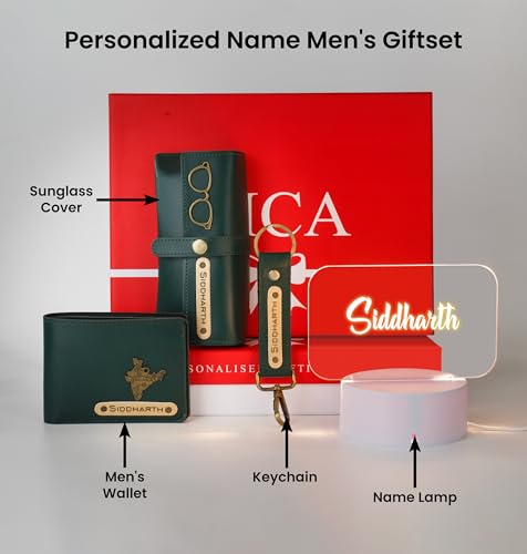 Image of AICA Personalized Name & Charm Dark Green Leather Wallet Mens Combo & LED Lamp Giftset | Customized Birthday Anniversary Wedding Gifts for Brother Husband Father Boyfriend | Gift Hamper