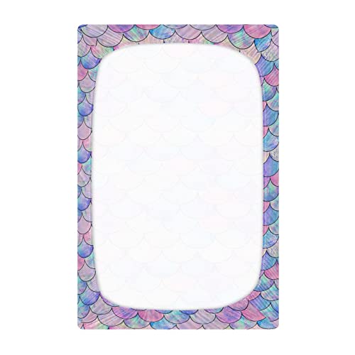 Image of Mermaid Fish Scale Crib Sheets for Boys Girls Pack and Play Sheets Super Soft Mini Crib Sheets Fitted Crib Sheet for Standard Crib and Toddler Mattresses Baby Crib Sheets for Girls Boys, 52x28IN