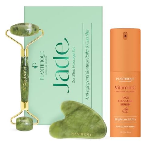 PLANTIFIQUE Jade Roller for Face and Gua Sha Facial Tools and Vitamin C Face Serum Anti Aging Massage with Peptides, Collagen, Korean Skin Care Face Moisturizer Cover
